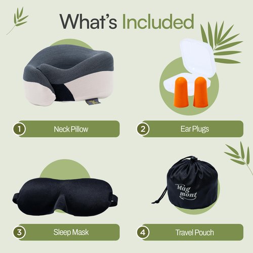 Magmont Neck Pillow for Traveling - Bamboo Charcoal Memory Foam with 360° Chin Support for Airplane, Soft & Breathable, Seamless Design, Removable Cover, Travel Accessories Included
