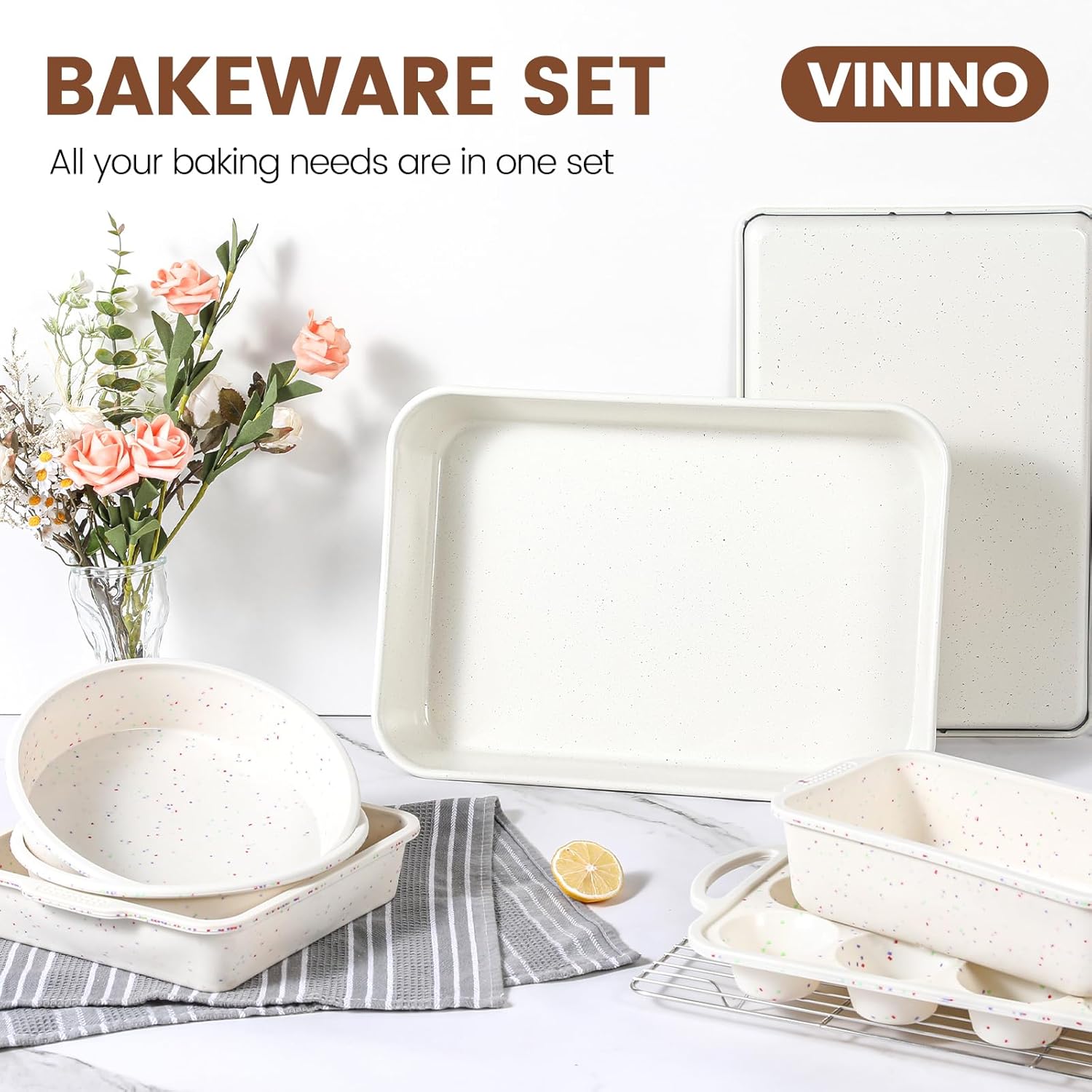 Vinino 8-Piece Nonstick Baking Pans Set - Silicone Muffin, Loaf & Cake Pans with Metal Reinforced Frame & Roasting Pan | Oven Safe, Cream Color
