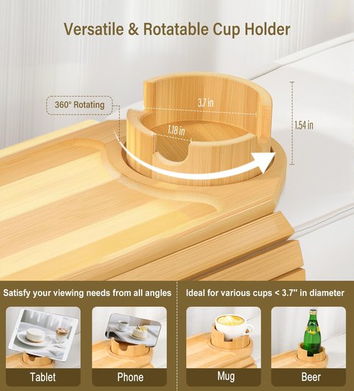 Kssiaz Couch Arm Tray, Bamboo Sofa Table for Couch, Sofa Arm Tray with Cup Holder, Non-Slip Armrest Organizer for Drink, Cup, Snack, Control, Easy to Clean, Natural