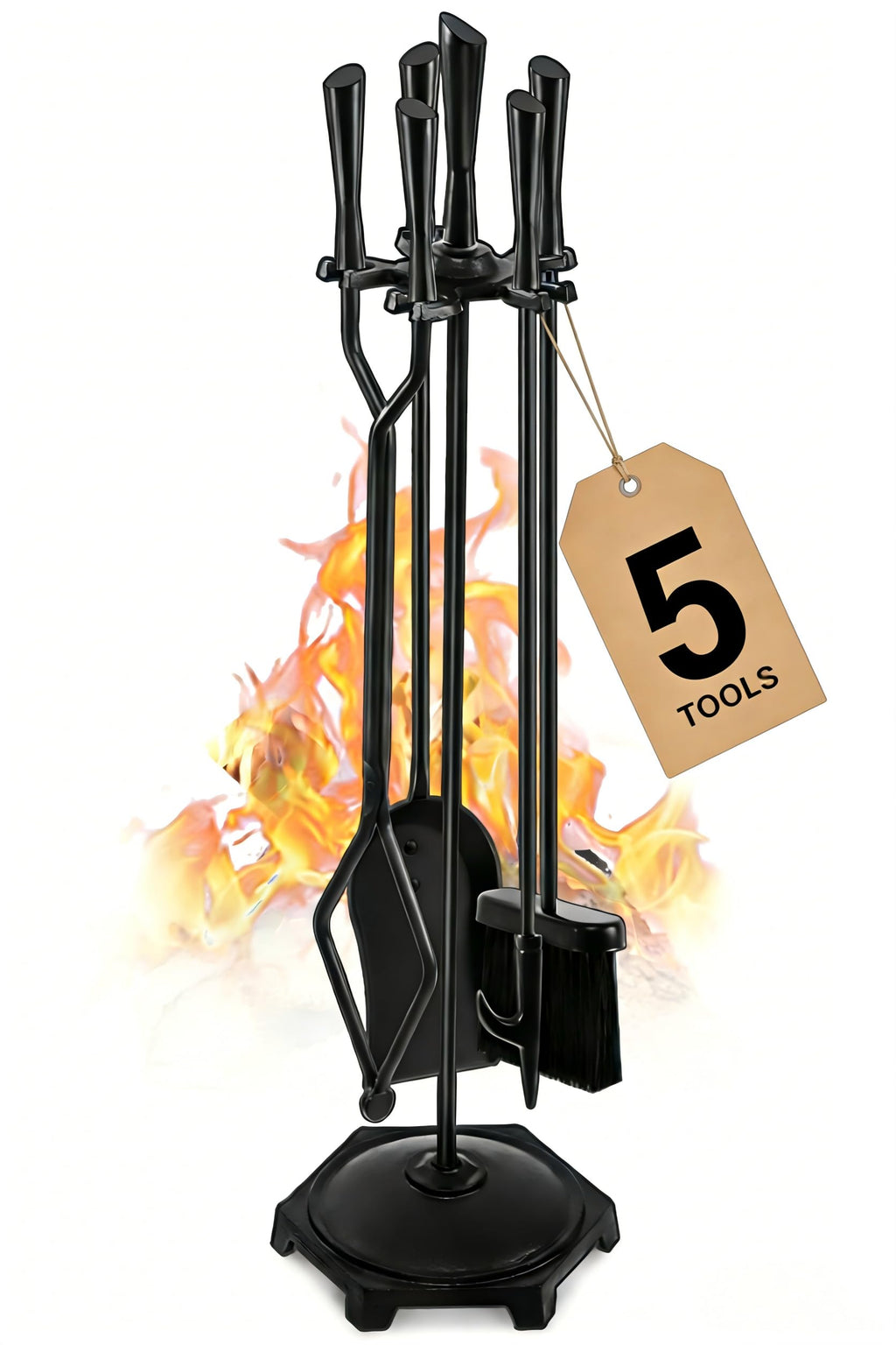 Gtongoko 5 Pcs Fireplace Tools Set 32" Black Wrought Iron Large Fire Tool Set for Outdoor/Indoor Include Chimney Poker, Rustic Tongs, Shovel, Antique Brush and Stand Accessories Set