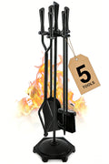 Gtongoko 5 Pcs Fireplace Tools Set 32" Black Wrought Iron Large Fire Tool Set for Outdoor/Indoor Include Chimney Poker, Rustic Tongs, Shovel, Antique Brush and Stand Accessories Set