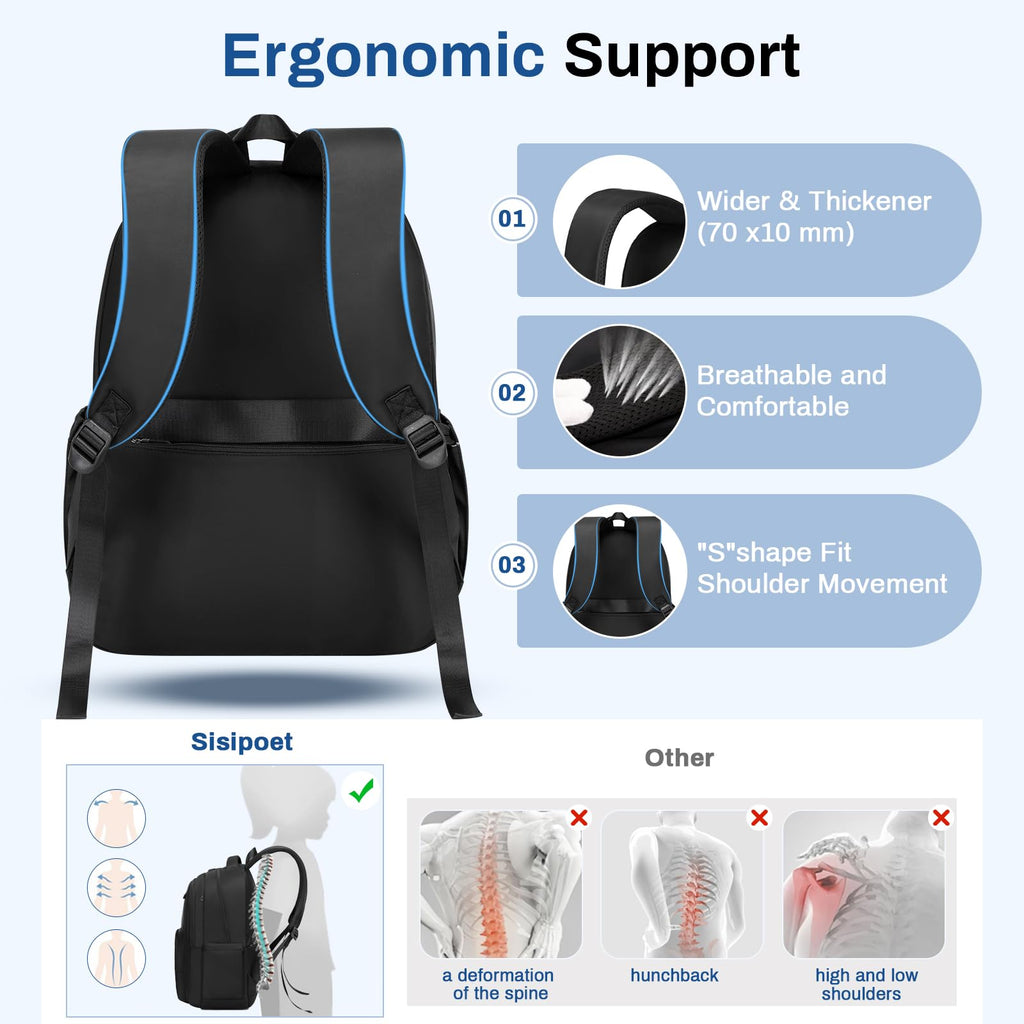 School Backpack for Girls, Lightweight Kids Bookbag for Boys Classic College Backpack for Teen Men Women with Luggage Strap, Age 8-18 Years Old, Black