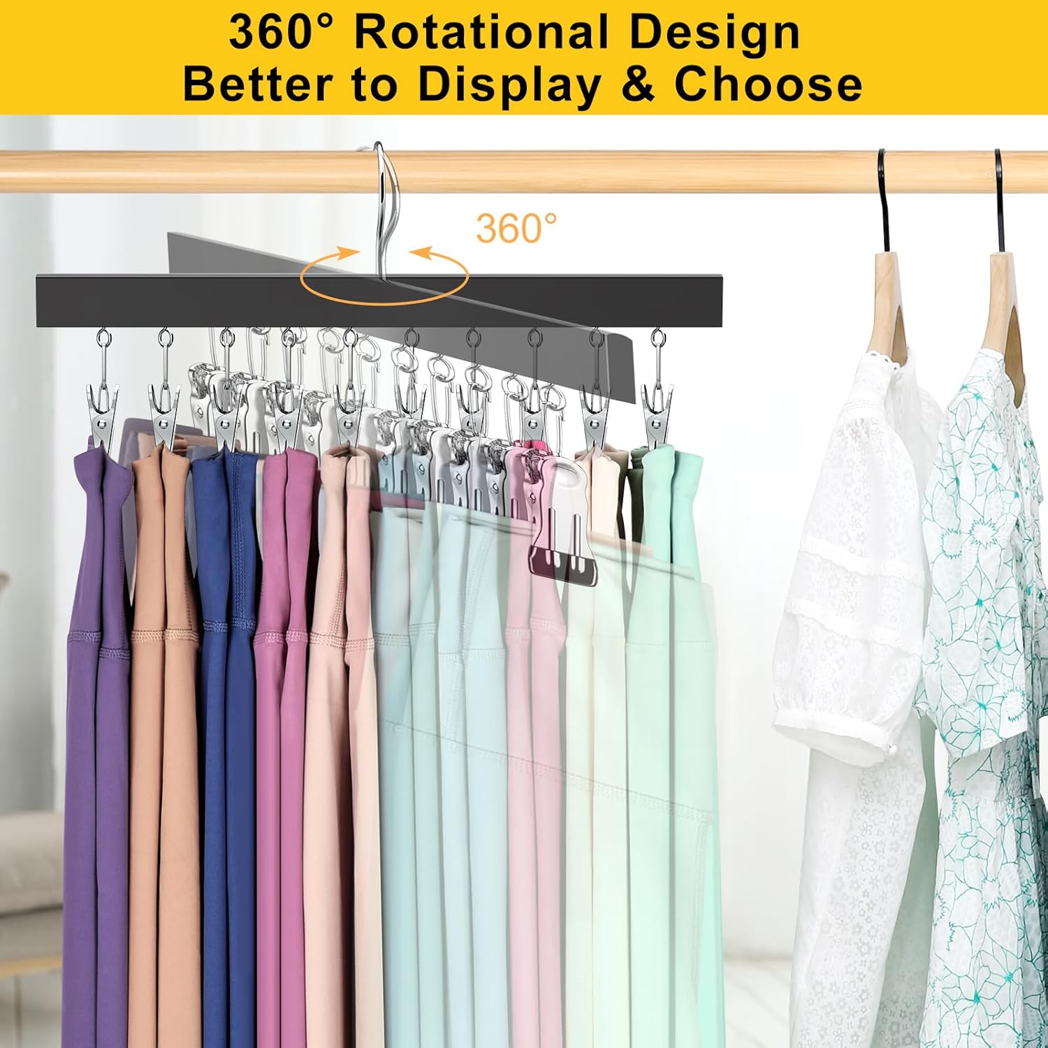 Skiennix Legging Organizer - 360° Rotating Pants Hangers with Clips | Holds 20 Leggings & Jeans (2 Pcs)