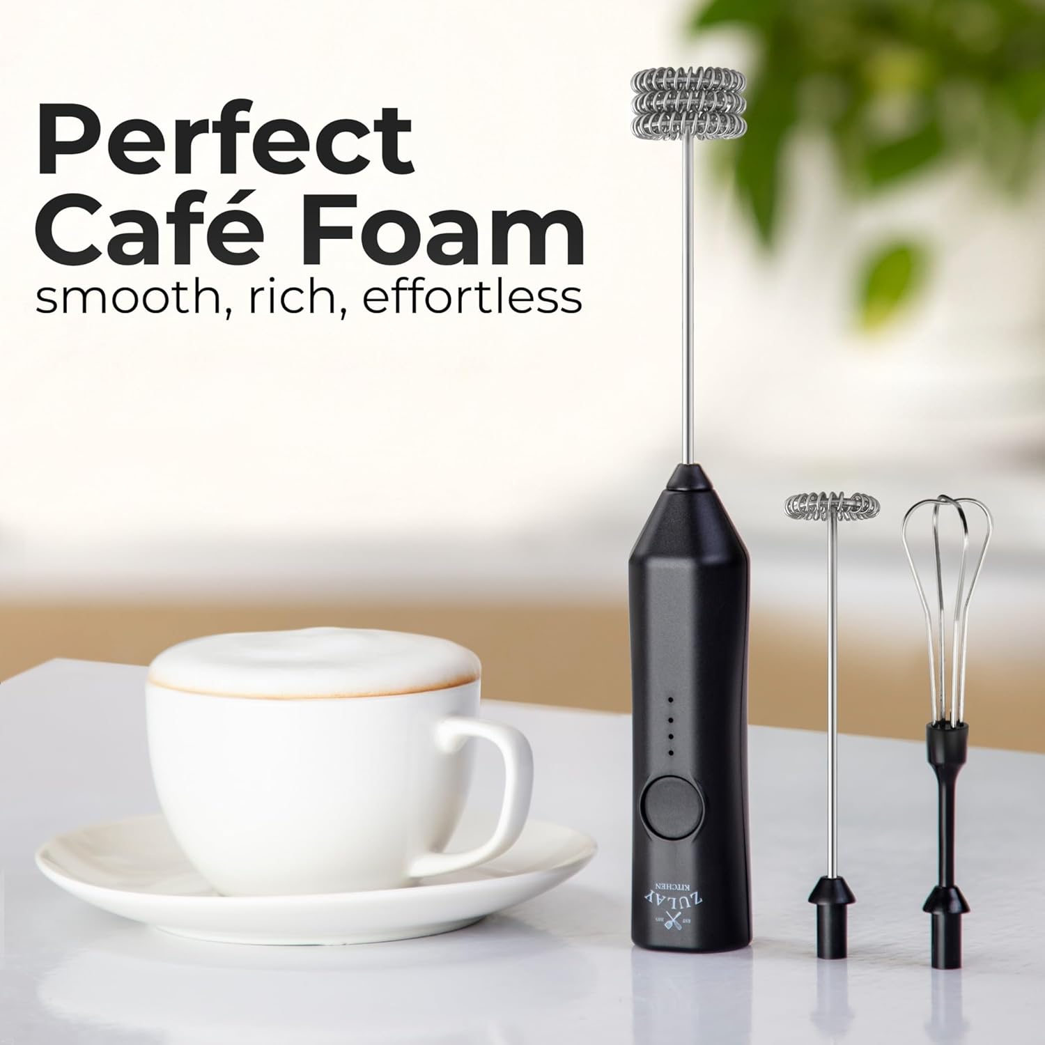 Zulay Kitchen Rechargeable Milk Frother - 3 Speeds & 3 Whisk Attachments - USB Charging for Lattes & Cappuccinos - Black