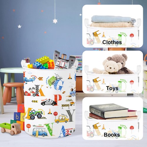 Clastyle Large Alphabet Car Kid Laundry Basket Construction Police Car Clothes Hamper for Boy Nursery Collapsible Excavator Toy Storage Basket with Lid