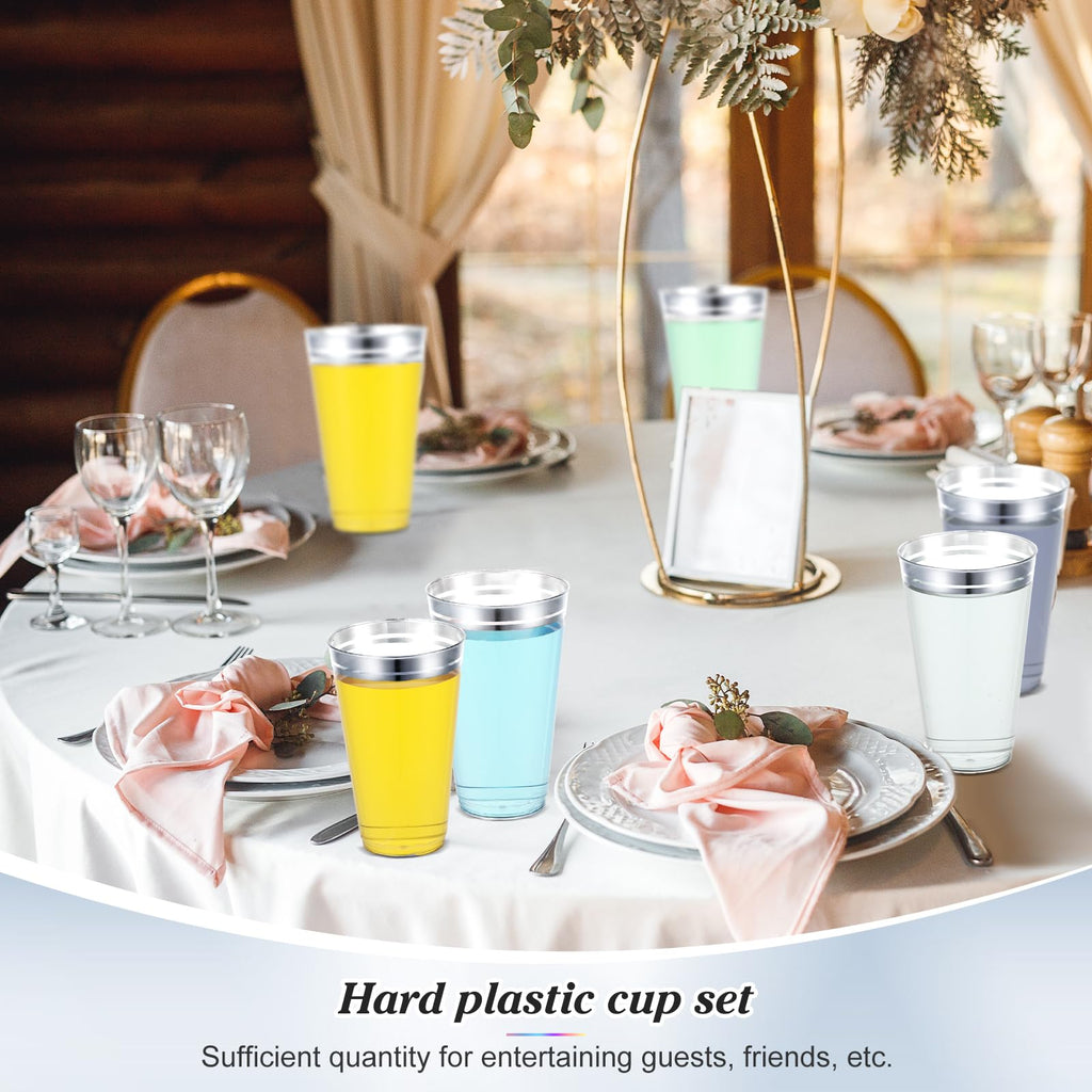 Sliner 50 Pcs Hard Plastic Cups Double Rimmed Plastic Cups Heavy Duty Fancy Wine Glasses for Holiday Christmas New Year Winter Birthday Party Supplies(16 Oz,Silver)