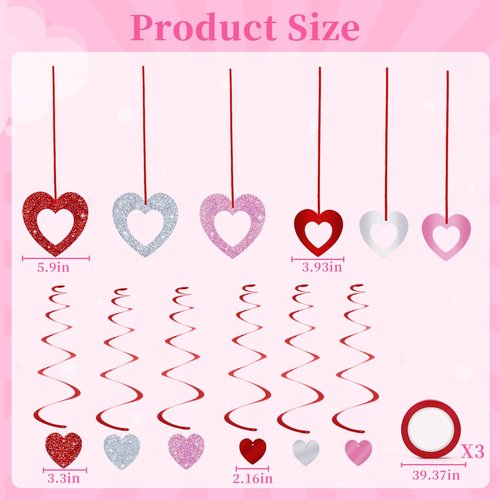 MARFOREVER 48 Pcs Valentine's Day Decorations Glitter Valentines Heart Garland Ornament Red Pink Silver Heart Hanging Swirls Ceiling Decorations for Valentines Day Galentines Day Party Supplies