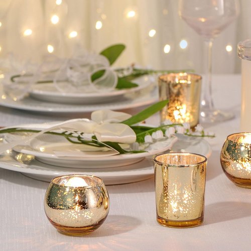 DEVI 48PCS Gold Votive Candle Holders - Mercury Glass Tea Light Holders for Weddings & Parties