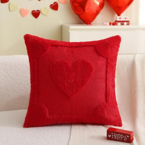 aolime Valentine's Day Pillow Covers Decoration, 18 x 18 Inch Set of 2 Red Arrow Love Heart Soft Plush Faux Fur Throw Pillow Cases for Chair Sofa Bedroom Living Room Home Decor