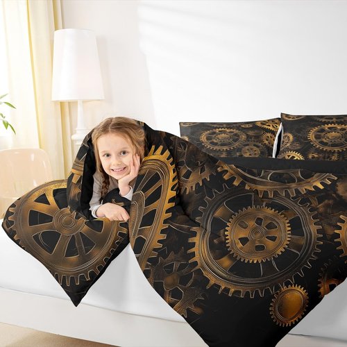 Golden Ndustrial Gear Comforter Set Twin Size Steampunk Style Bedding Set Clocks Theme Bedding Sets & Collections For Kids Boys Teens Men Mechanical Device Quilt Set,Retro Style Bedroom Decor
