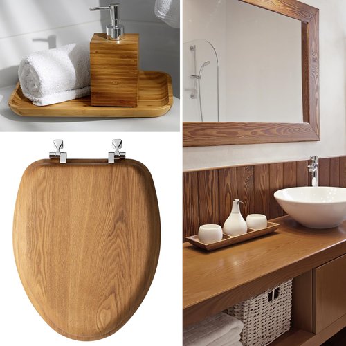 Mayfair Natural Oak Veneer Toilet Seat with Chrome Hinges, Round, Wood