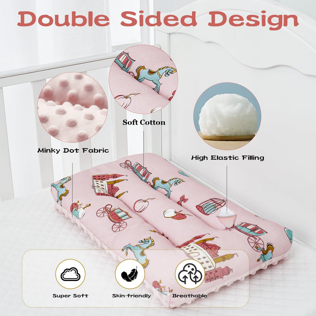 Reidio 1Pcs Toddler Pillow Double Sided Breathable Soft Cotton & Minky Dot Fabric Kids Pillow Cute Small Pillow Machine Washable (Pink Carriage)