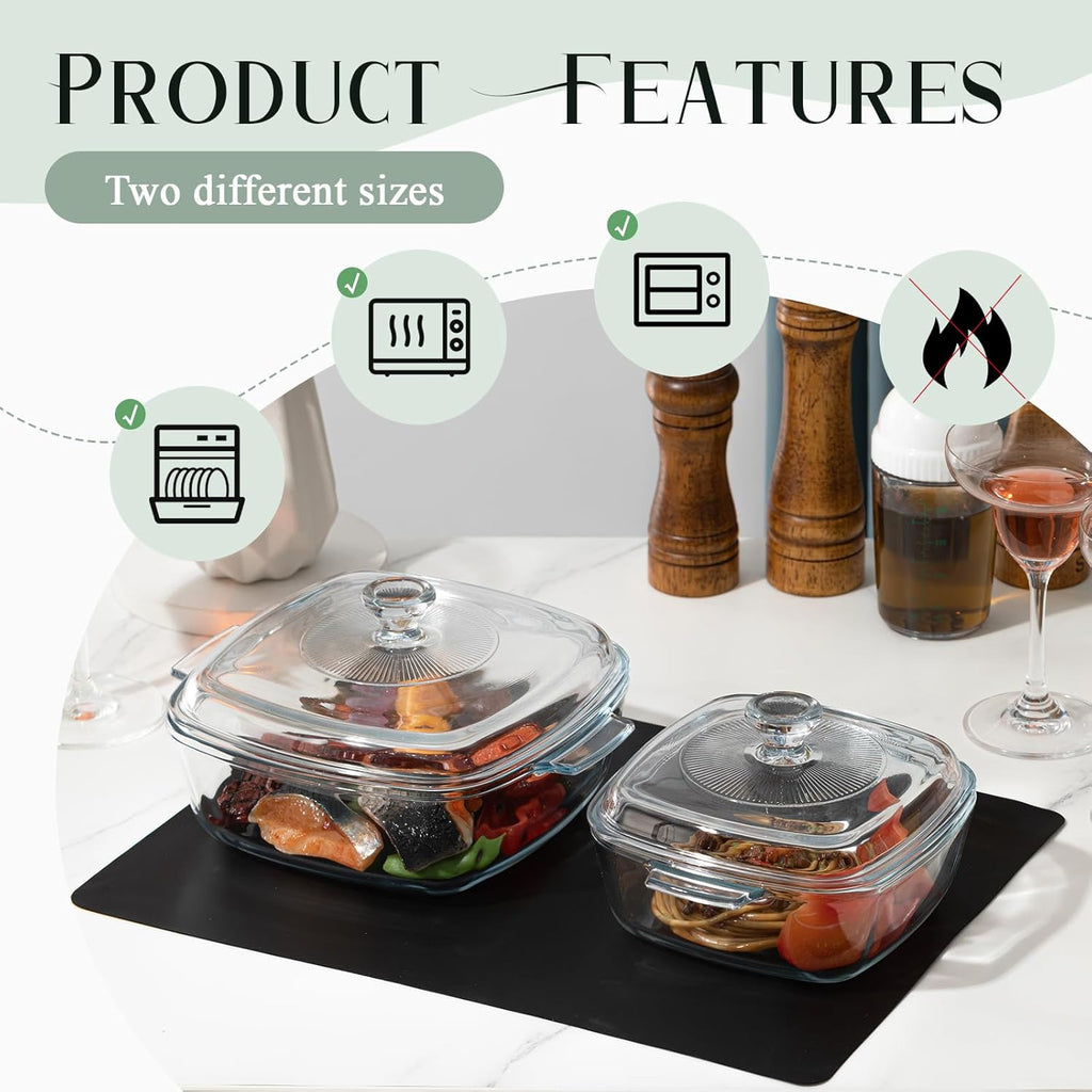 Teenyyou Glass Casserole Dish Set - 2 Pcs with Lid, Baking Gloves & Heat Resistant Mat | 1.5L & 0.8L