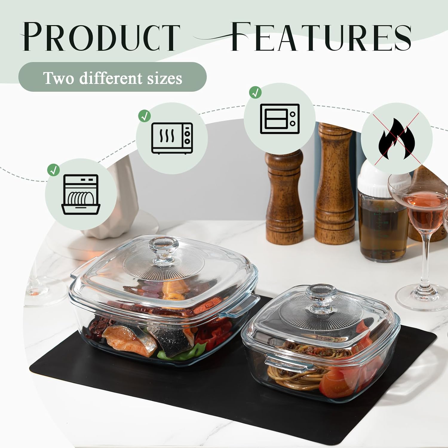 Teenyyou Glass Casserole Dish Set - 2 Pcs with Lid, Baking Gloves & Heat Resistant Mat | 1.5L & 0.8L