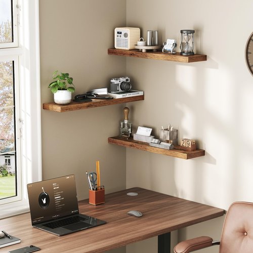 RALGEND Floating Shelves for Wall, 1.5" Thick Wall Shelf Set of 3 with Invisible Brackets, 23.6L x 7.9W Hanging Shelves Farmhouse Home Decor for Bathroom, Living Room, Bedroom, Rustic Brown 6301BJP3BF