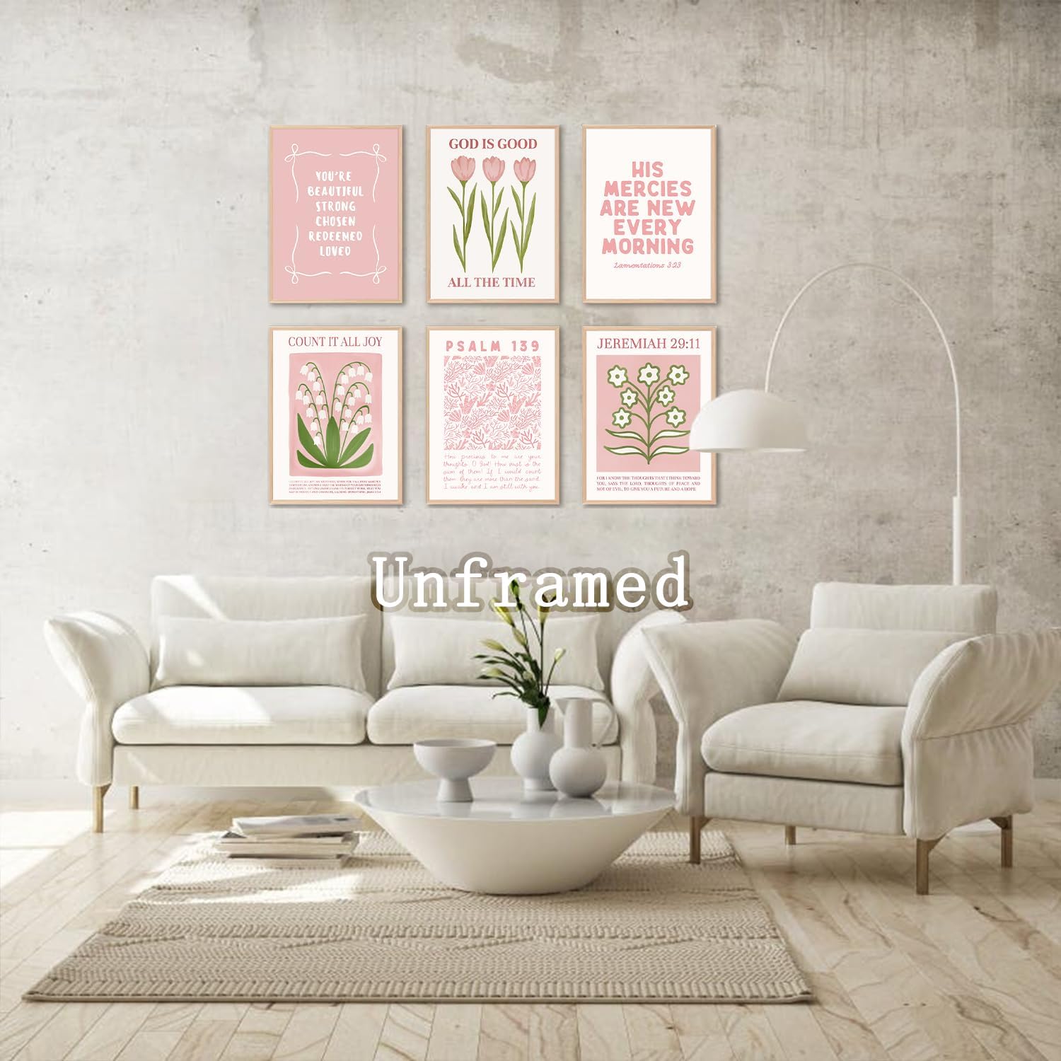 Skiennix 6Pcs Pink Christian Bible Verse Wall Art - Floral Scripture Quotes for Bedroom | 8x10 Inch Unframed