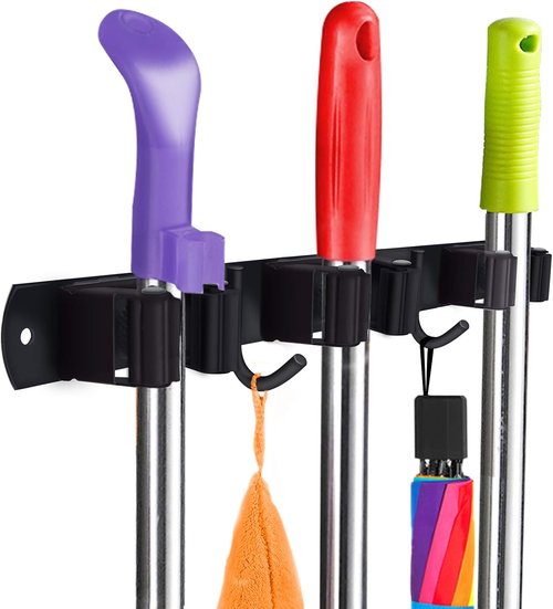 Huryfox Heavy-Duty Stainless Steel Broom Holder - Adjustable Wall Mount with 3 Racks & 2 Hooks | Black, Fits 1-4 cm Diameter