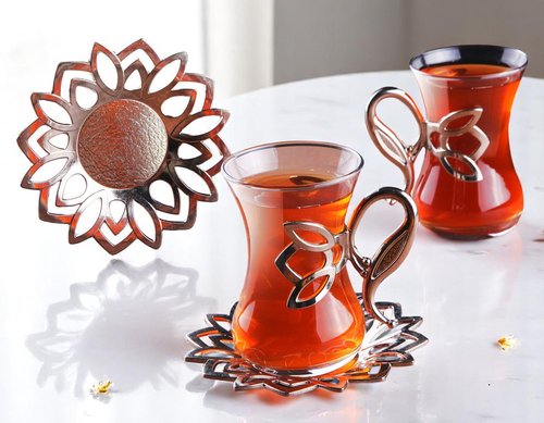 Alisveristime (Set of 6) Turkish Tea Set with Zamac Holders, Glass Cups & Saucers – 100ml Capacity, Ottoman Style, 4 Color Options (Silver)