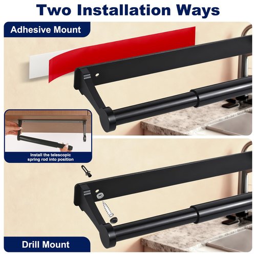 Black Paper Towel Holder Under Cabinet, Adhesive Paper Towel Holder Wall Mount Toilet Roll Holders Rack for Kitchen Bathroom Garage Counter, Anti-Drop Upgraded Telescopic Rod Design Roll