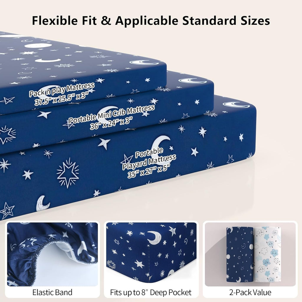 Pack N Play Sheets Fitted by [Brand Name] - 2-Pack Soft & Breathable Mini Crib Sheets | Starry Sky & Clouds