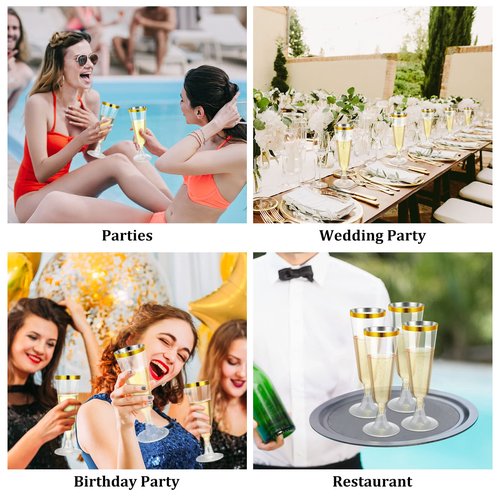 150 Pcs Gold Plastic Champagne Flutes - Clear Disposable Crystal Wine Glasses for Wedding Toasting, Party Cocktail Cups