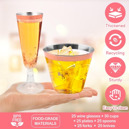 150PCS Rose Gold Plastic Plates Set for 25 Guests, Disposable Dinnerware Set of 25 Dessert Plates, 25 Cups & Champagne Flutes Cups, 25 Spoons, Forks & 25 Knives for Birthday, Wedding & Party Supplies
