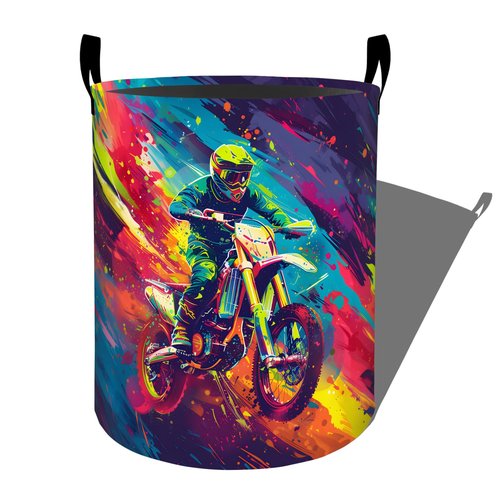 Colorful Splashes Motocross Rider Laundry Basket with Handles, 19.7"x15.7" Clothes Foldable Sports Laundry Hamper Organizer for Dorm Nursery Bedroom Bathroom Decor, Toy Storage Bin for Kids