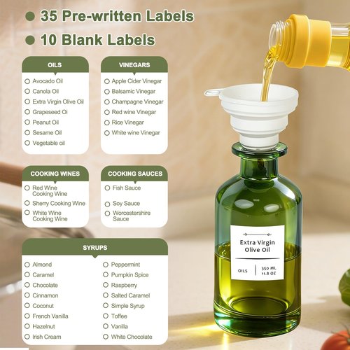 COOLMI Oil Dispenser for Kitchen - 12oz/350ml, Set of 2 Extra Thick Food Grade Glass Olive Oil Dispenser Bottle with Cleaning Brush, Stickers and Funnel (Gold)