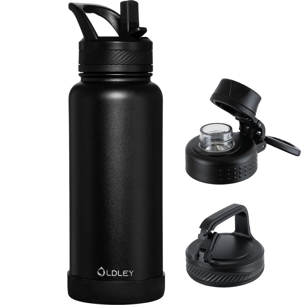 OLDLEY 32 oz Insulated Water Bottle With Straw, Stainless Steel Sports Water Cup Flask with 3 Lids(Straw, Spout and Handle Lid) Double Walled Travel Thermal Canteen Mug,Black