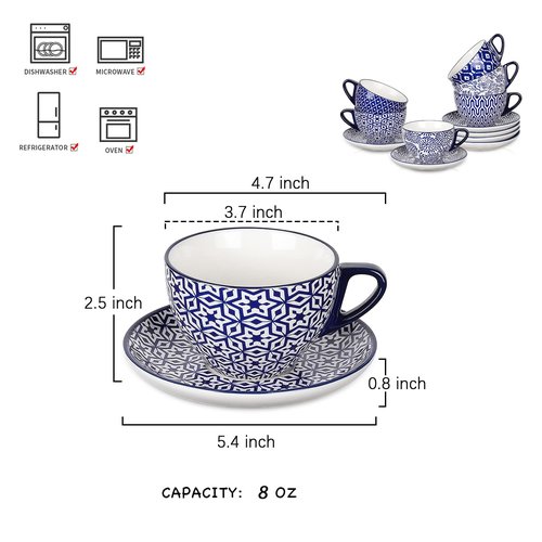 Selamica Ceramic 8 oz Cappuccino Cup Set with Saucers, Espresso Coffee Cups, Latte Macchiato for Party Cafe Home, Set of 6, Vintage Blue