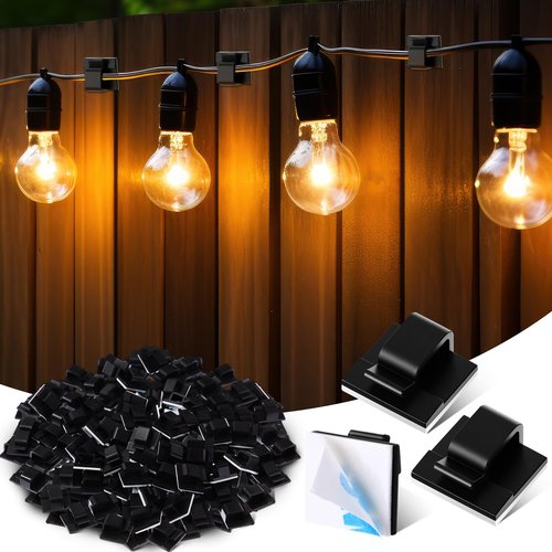 Yuntau 200 Pcs Outdoor Light Clips Adhesive Cable Clips for Christmas Outdoor String Lights with Adhesive Strips Patio Decor for Wall Wire Holder for Hanging Cable Management Cord Organizer (Black)