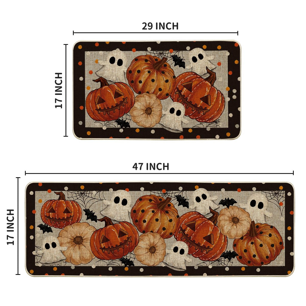 Artoid Mode Black Ghost Spooky Jack-O'-Lantern Pumpkin Halloween Kitchen Mats Set of 2, Low-Profile Home Decor Kitchen Rugs for Floor - 17x29 and 17x47 Inch