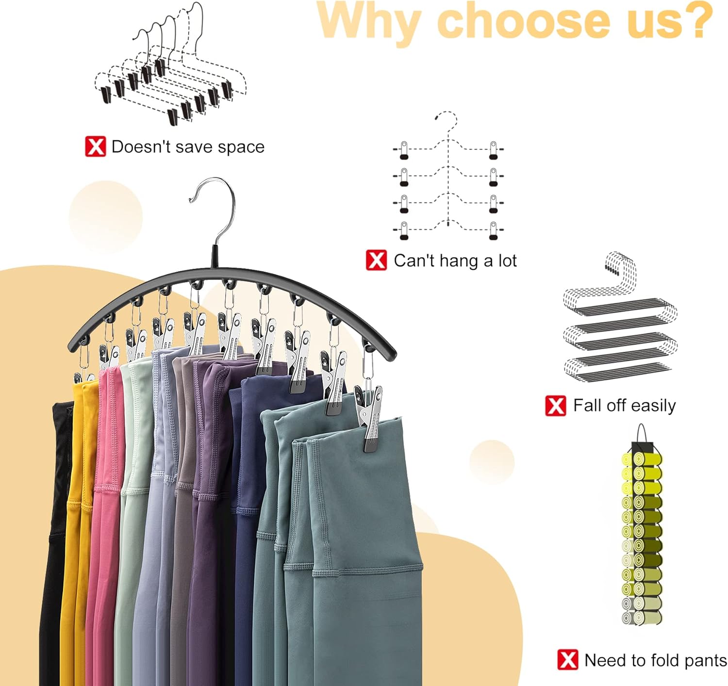 Skiennix Legging Organizer - Metal Yoga Pants Hangers 4 Pack with 10 Clips | Space-Saving Black & White Design