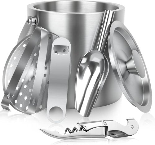 3L Ice Buckets for Parties 6PC Set, Stainless Steel Double-Wall Insulated Ice Bucket with Lid, Scoop, Tongs, Beer & Wine Opener – Ideal for Cocktail Bar, Outdoor Events & Keeps Ice Frozen Longer