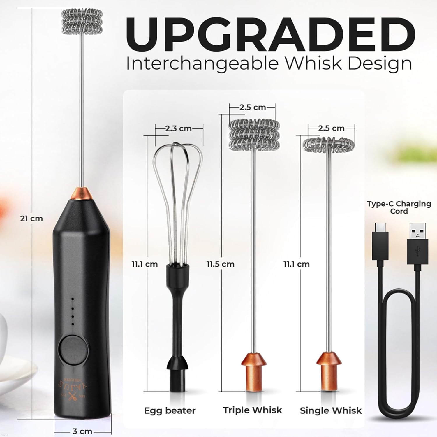Zulay Kitchen Rechargeable Milk Frother - 3 Speeds & 3 Whisk Attachments - USB Charging for Lattes & Cappuccinos - Black Copper