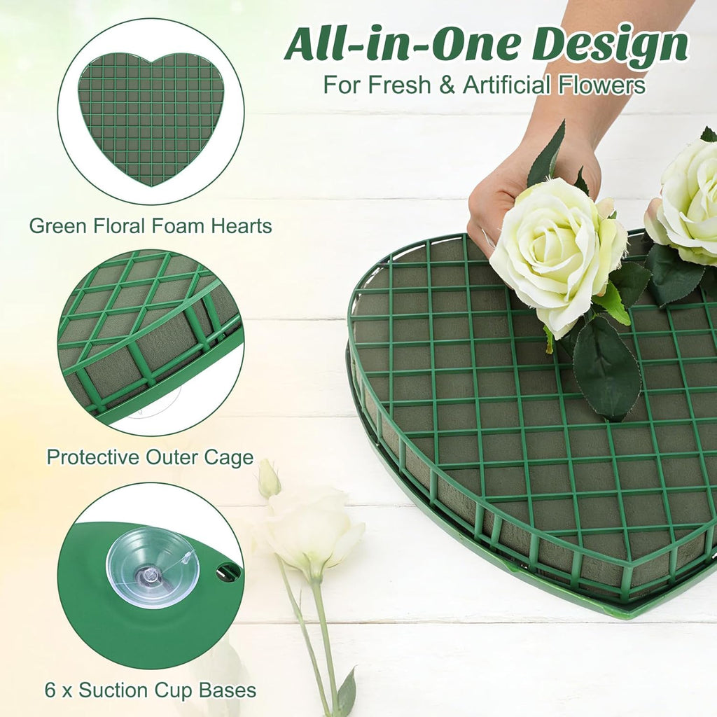 STOBOK Floral Foam Hearts - Heart-Shaped Floral Foam Cage with 5 Suction Cups for Fresh & Artificial Flowers | Green, 12.2 x 11.4 in
