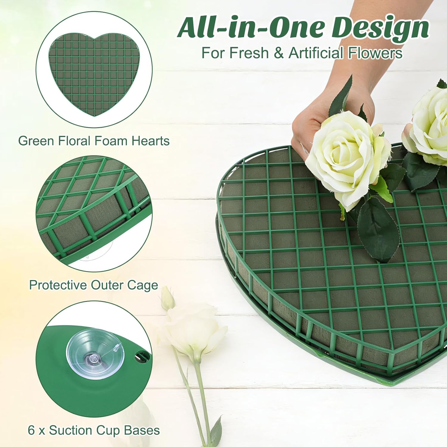 STOBOK Floral Foam Hearts - Heart-Shaped Floral Foam Cage with 5 Suction Cups for Fresh & Artificial Flowers | Green, 12.2 x 11.4 in