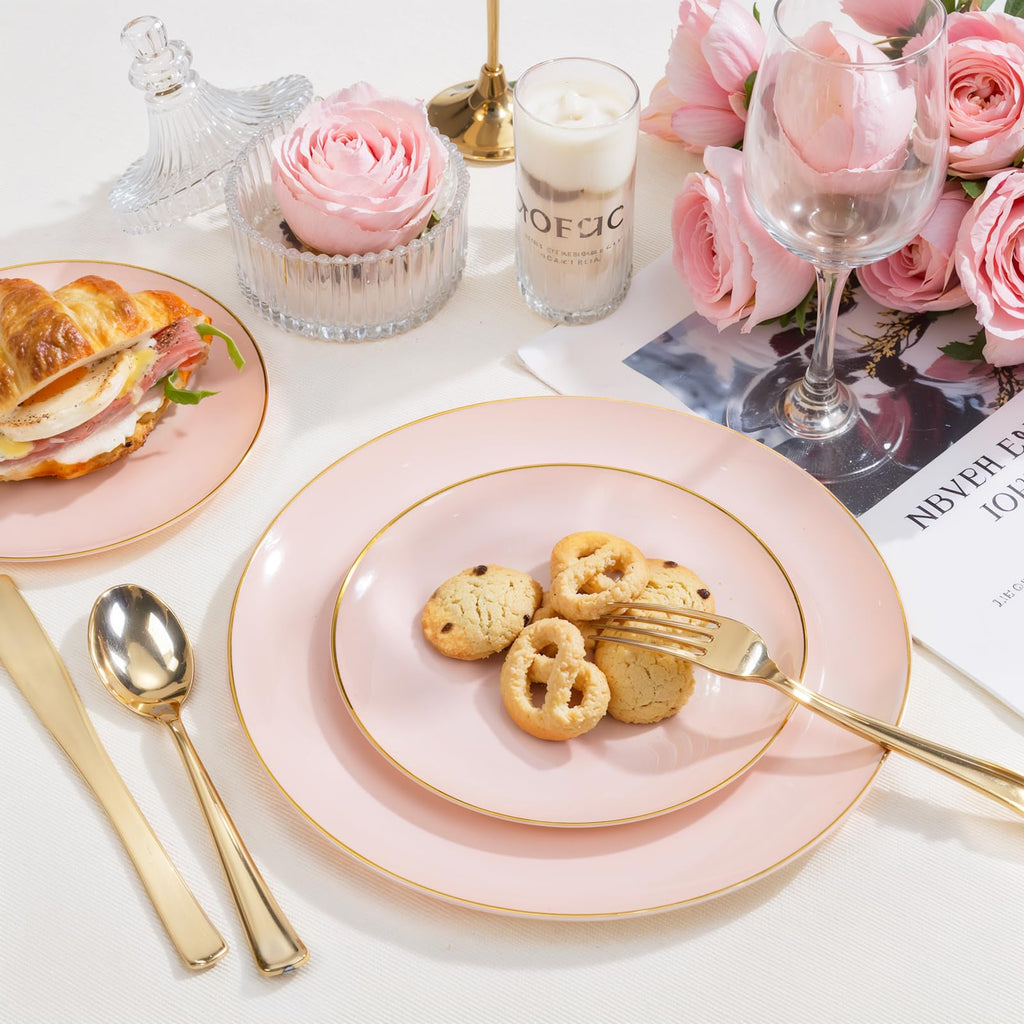 PULOTE 200Pieces Pink Plastic Plates - Premium Hard Pink and Gold Disposable - Include 100PCS 10 inch Dinner & 100PCS 7 inch Dessert Plates, Ideal for Wedding, Party & Mother's Day