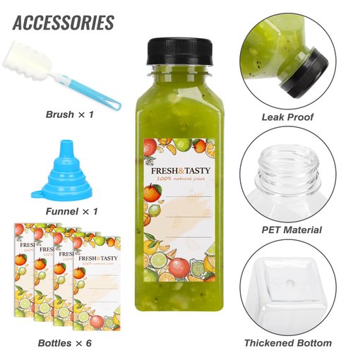 TOMNK 6pcs Juice Bottles, 12oz Reusable Plastic Juice Bottles with Caps and Labels, Funnel, Brush Beverage Containers for Juicing, Smoothies, Tea, Milk