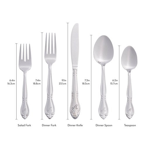 RiverRidge Rose Monogrammed Flatware Set 46 Piece Silverware - N - Utensils Set with Serving Pieces, Heavy Gauge Stainless Steel, Mirror Finish, Dishwasher Safe Cutlery for Daily Use