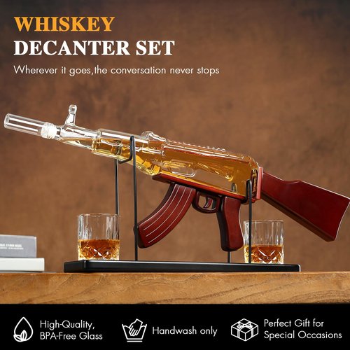 Gifts for Men Dad, AK Gun Whiskey Decanter Set with 2 Whiskey Glasses, 25 oz Large Liquor Decanter Set, Military Present for Father, Brother,Gun Liquor Dispenser Fun Conversation Starter