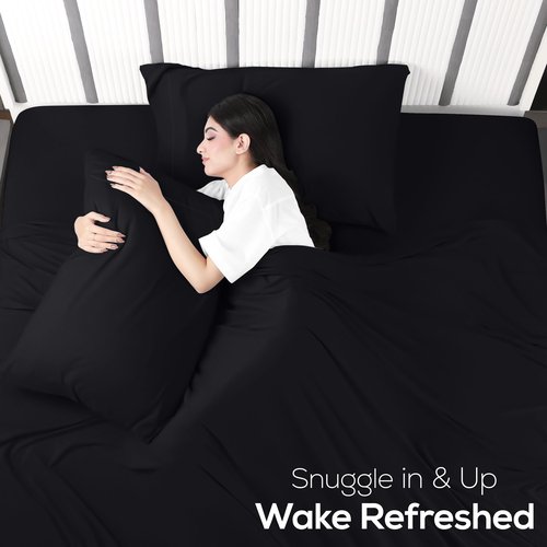 Utopia Jersey Knit 4-Piece Queen Sheet Set Cotton Sheets Soft, Stretchy T-Shirt Fabric (Queen, Black)