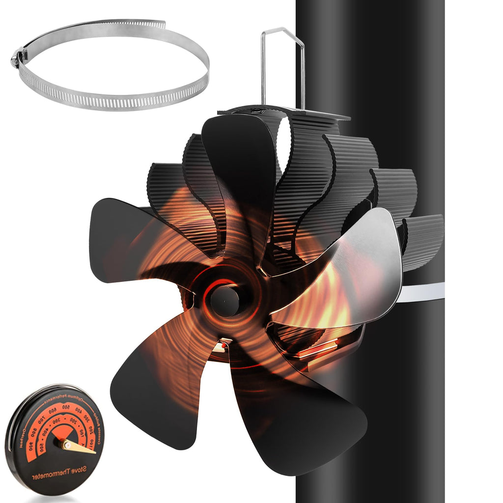 PYBBO Heat Powered Wood Stove Fan, 5 Blades Pipe Fireplace Fan, Silent Operation Motors Thermal Stove Fan for Wood Burning Stove/Pellet/Log/Gas Burner with Magnetic Thermometer