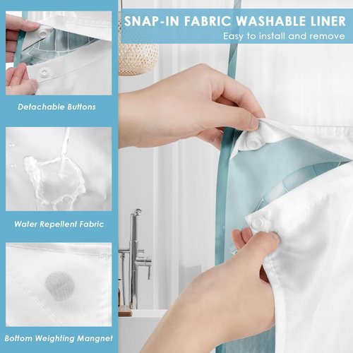 Nesphy No Hook Nautical Teal Sea Turtles Shower Curtain with Snap in Fabric Liner Set, Ocean Beach Double Layers Waterproof Fabric with See Through Top Window Open Grommet Bath Curtain 71x74 Inch