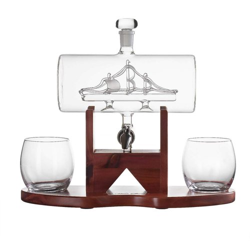 Whiskey Decanter Set, Liquor Dispenser for Home Bar, Crystal Glass - 1250ml Ship & 2 Whiskey Glasses Beautiful Stand, Gift for Dad, Husband or Boyfriend - The Wine Savant 100% Lead-Free