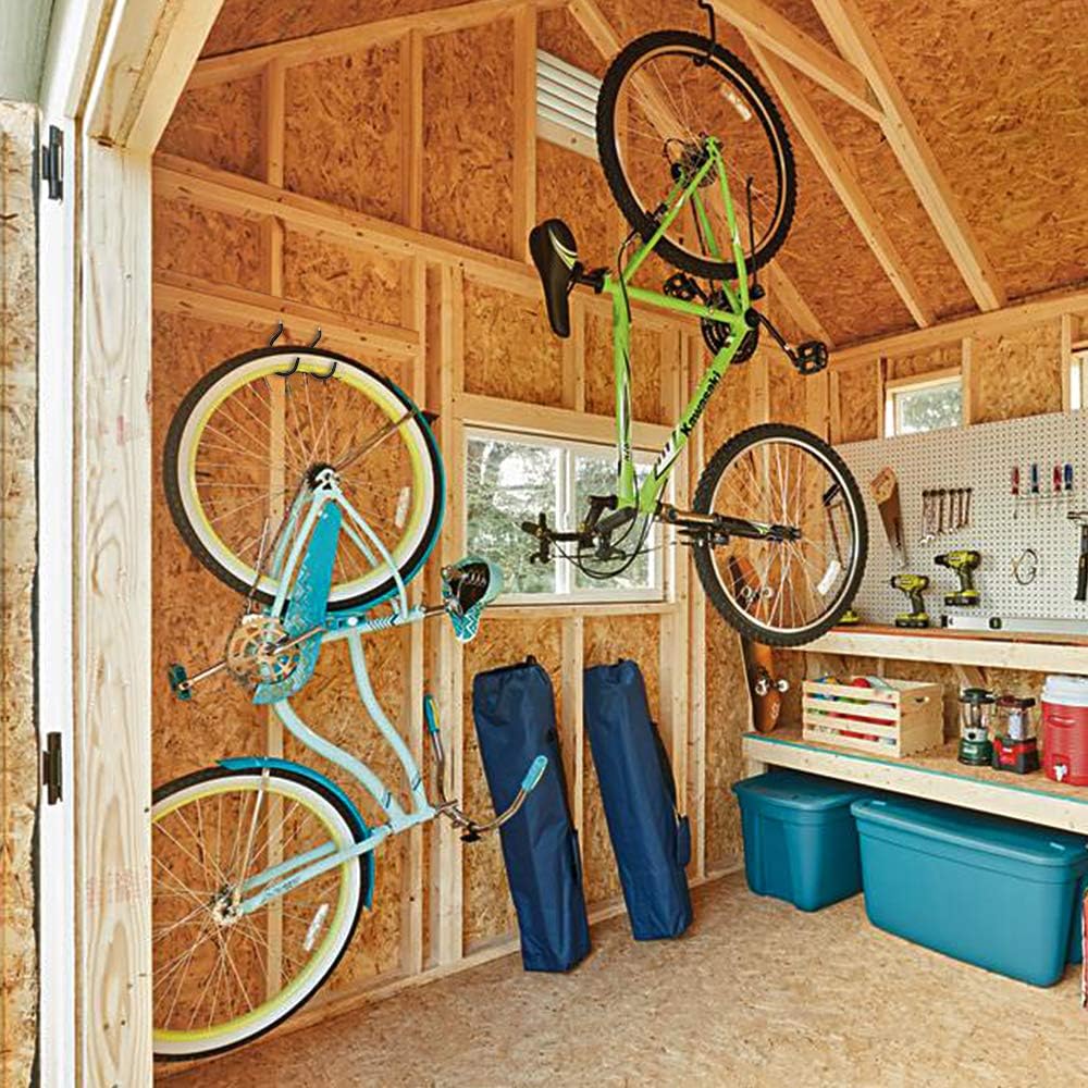 SMARTOLOGY Bike Hanger Storage Hooks - Heavy Duty Rubber Coated Ceiling Rack for Garage | 8 Pack (Black)