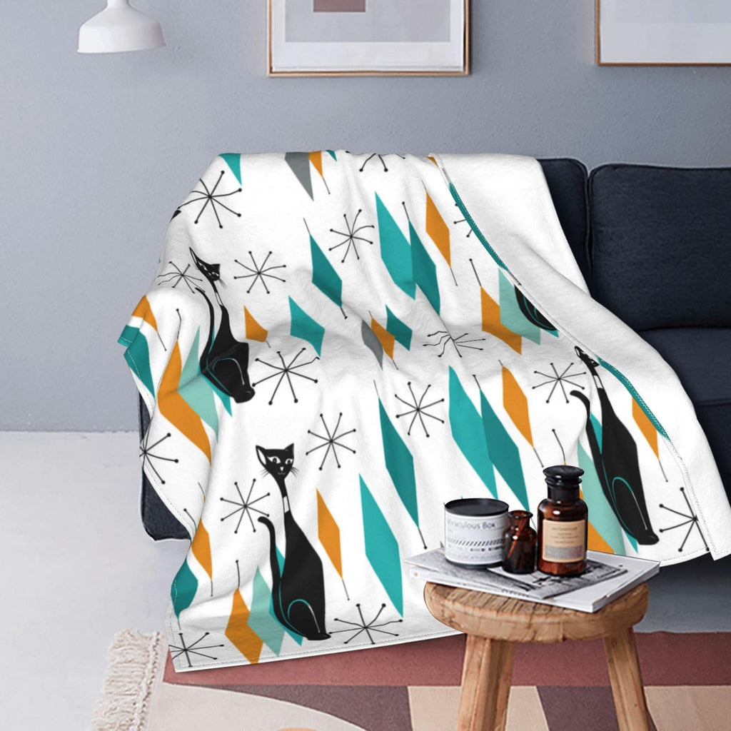 Mid Century Cat Fleece Throw Blanket Soft Flannel Plush Lightweight Warm Cozy Blanket for Men Women Couch Bed Sofa Travel 60"x80"