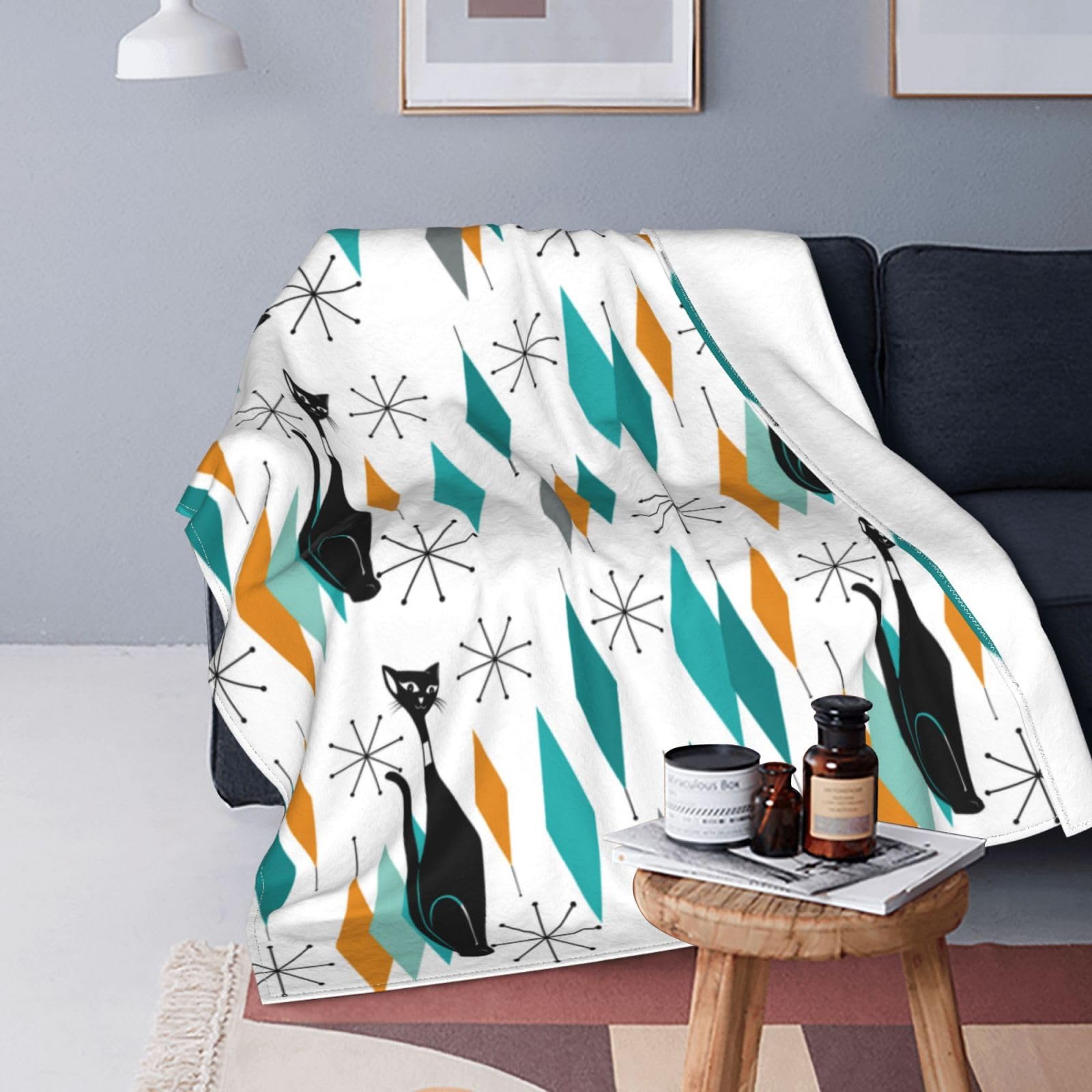 Mid Century Cat Fleece Throw Blanket Soft Flannel Plush Lightweight Warm Cozy Blanket for Men Women Couch Bed Sofa Travel 60"x80"