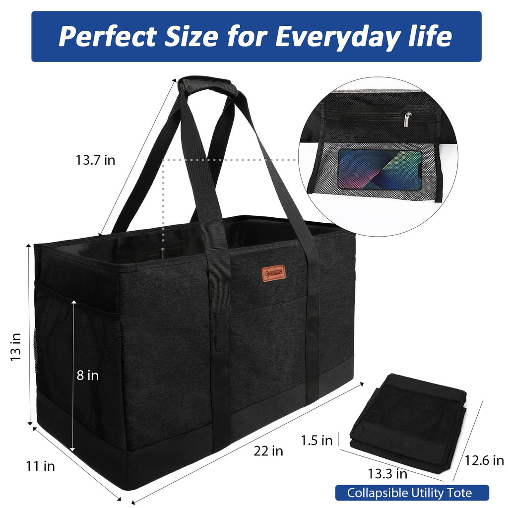 MHOMER Reusable Upright Grocery Bags Extra Waterproof Large Utility Tote Bag with Carrying Handles Foldable Shopping Bags Reinforced Bottom and Side Durable Oxford Fabric Classic Carbon Black