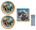 Monster Trucks Birthday Party Supplies Bundle includes 16 Dessert Cake Paper Plates, 16 Paper Napkins, 1 Dinosaur Sticker Sheet